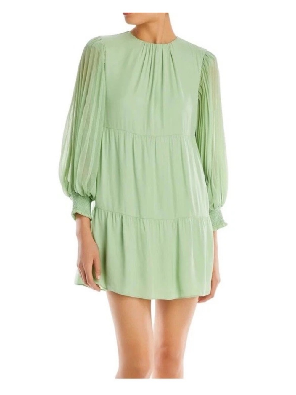 Alice + Olivia Mint Green Tiered Mini Dress with Sheer Bishop Sleeves